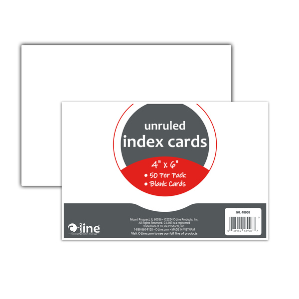 C-Line Products 4in X 6in Index Cards, White, Unruled, 50PK 48908